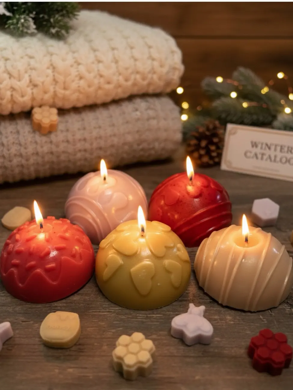 Velas domo de invierno de colores sobre madera junto a suéteres tejidos