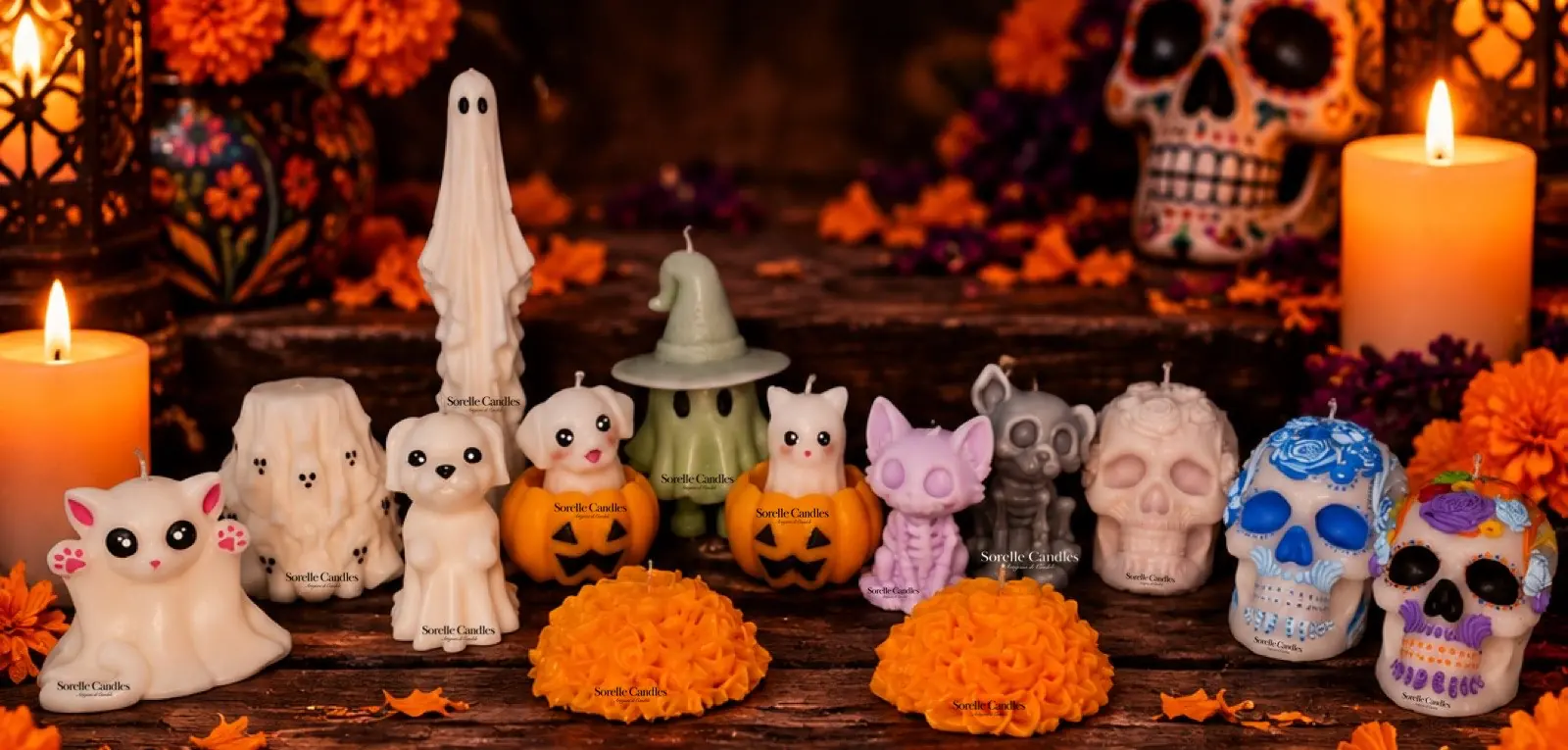 Toda la colección de otoño sobre un altar con cempasúchil