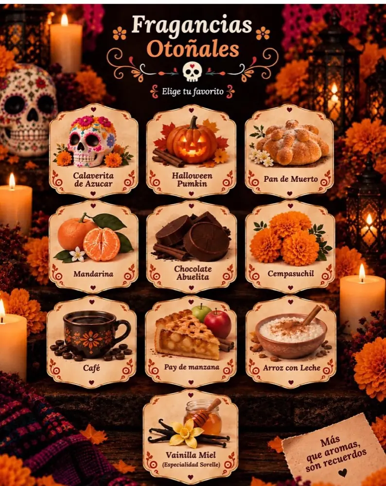 Carta ilustrada de las fragancias otoñales de Sorelle Candles