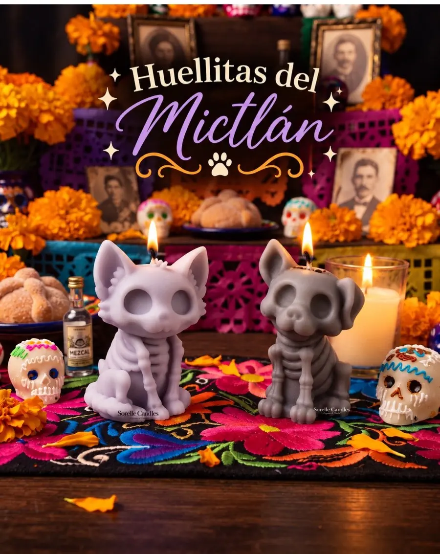 Vela de gato calavera y vela de perro calavera en un altar de muertos