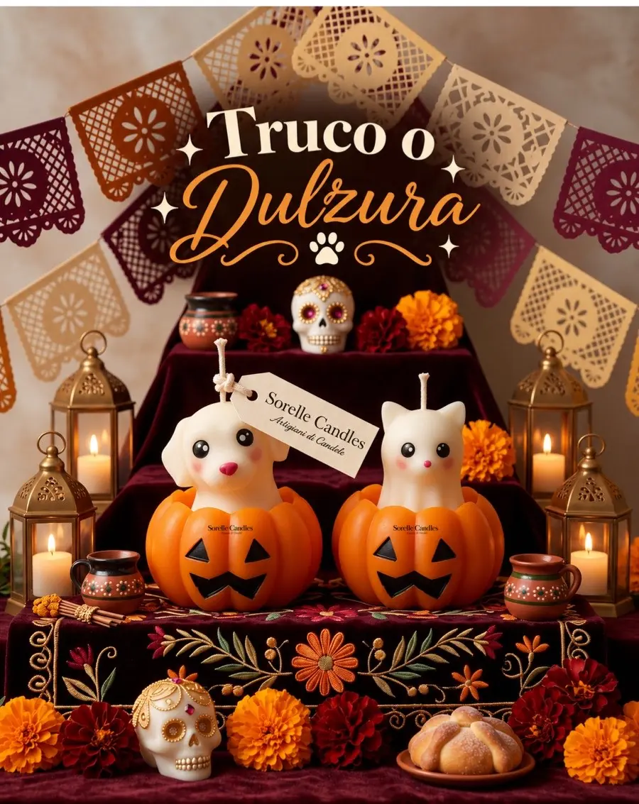Velas de perrito y gatito dentro de calabazas de Halloween